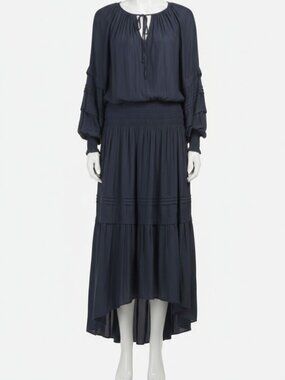 Ramy Brook Women's Blue Long Sleeve Smocked Tiered Midi Dress Size S